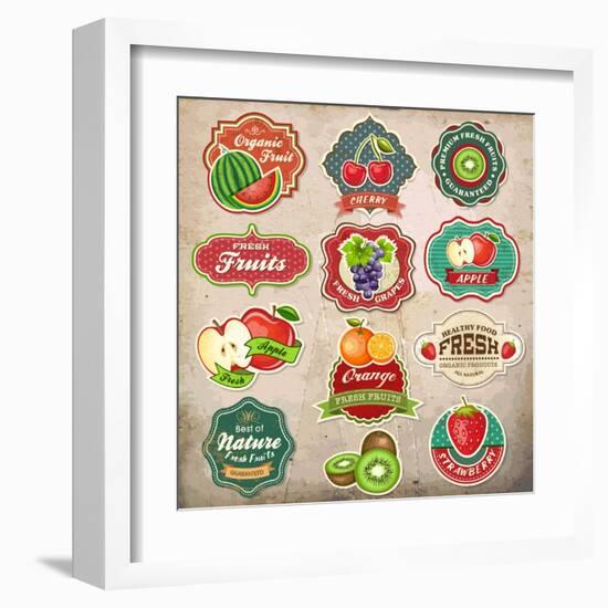 Vintage Retro Grunge Fresh Fruit Labels, Badges and Icons-Catherinecml-Framed Art Print