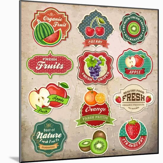 Vintage Retro Grunge Fresh Fruit Labels, Badges and Icons-Catherinecml-Mounted Art Print