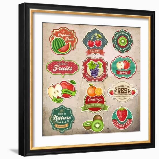 Vintage Retro Grunge Fresh Fruit Labels, Badges and Icons-Catherinecml-Framed Art Print