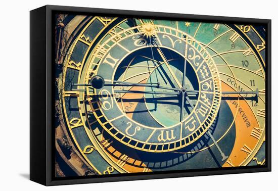 Vintage Retro Hipster Style Travel Image of Astronomical Clock on Town Hall. Prague, Czech Republic-f9photos-Framed Premier Image Canvas