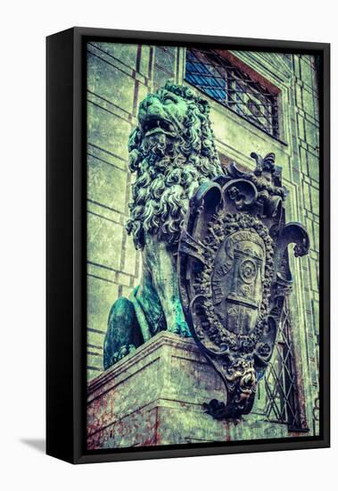 Vintage Retro Hipster Style Travel Image of Bavarian Lion Statue at Munich Alte Residenz Palace in-f9photos-Framed Premier Image Canvas