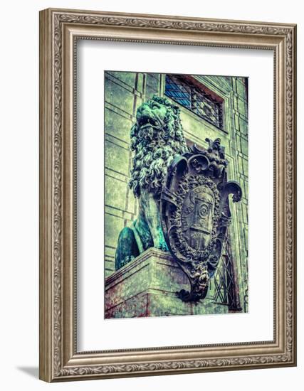 Vintage Retro Hipster Style Travel Image of Bavarian Lion Statue at Munich Alte Residenz Palace in-f9photos-Framed Photographic Print