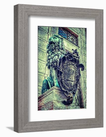 Vintage Retro Hipster Style Travel Image of Bavarian Lion Statue at Munich Alte Residenz Palace in-f9photos-Framed Photographic Print