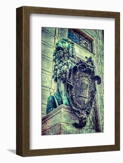 Vintage Retro Hipster Style Travel Image of Bavarian Lion Statue at Munich Alte Residenz Palace in-f9photos-Framed Photographic Print