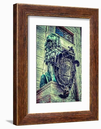 Vintage Retro Hipster Style Travel Image of Bavarian Lion Statue at Munich Alte Residenz Palace in-f9photos-Framed Photographic Print