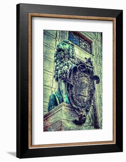 Vintage Retro Hipster Style Travel Image of Bavarian Lion Statue at Munich Alte Residenz Palace in-f9photos-Framed Photographic Print