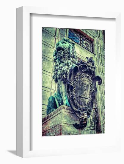 Vintage Retro Hipster Style Travel Image of Bavarian Lion Statue at Munich Alte Residenz Palace in-f9photos-Framed Photographic Print