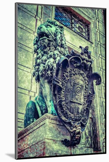 Vintage Retro Hipster Style Travel Image of Bavarian Lion Statue at Munich Alte Residenz Palace in-f9photos-Mounted Photographic Print