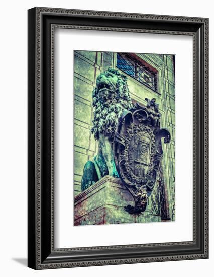 Vintage Retro Hipster Style Travel Image of Bavarian Lion Statue at Munich Alte Residenz Palace in-f9photos-Framed Photographic Print