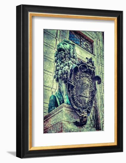 Vintage Retro Hipster Style Travel Image of Bavarian Lion Statue at Munich Alte Residenz Palace in-f9photos-Framed Photographic Print