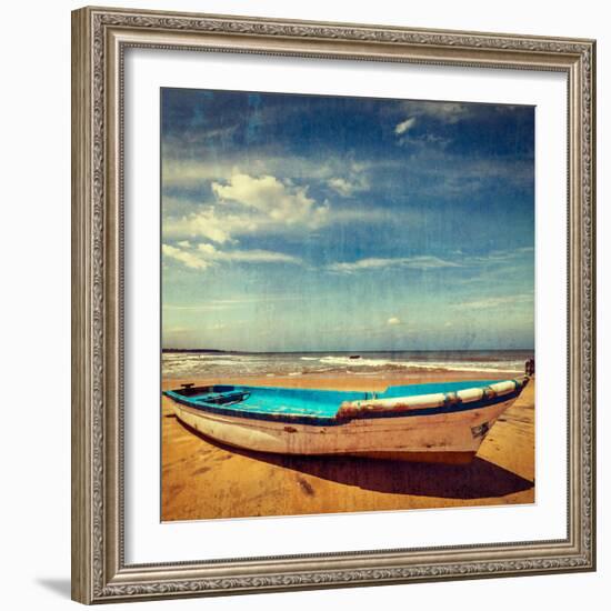 Vintage Retro Hipster Style Travel Image of Boat on a Beach, India  with Grunge Texture Overlaid-f9photos-Framed Photographic Print