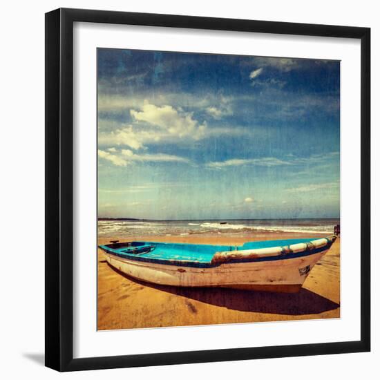 Vintage Retro Hipster Style Travel Image of Boat on a Beach, India  with Grunge Texture Overlaid-f9photos-Framed Photographic Print