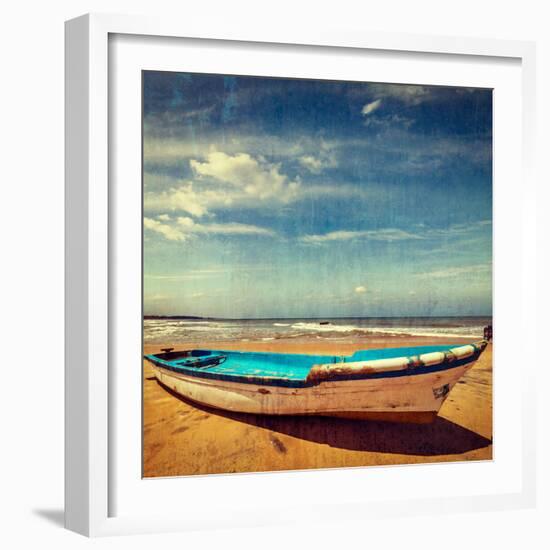 Vintage Retro Hipster Style Travel Image of Boat on a Beach, India  with Grunge Texture Overlaid-f9photos-Framed Photographic Print