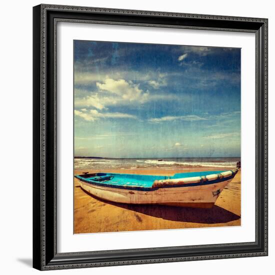 Vintage Retro Hipster Style Travel Image of Boat on a Beach, India  with Grunge Texture Overlaid-f9photos-Framed Photographic Print