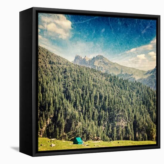 Vintage Retro Hipster Style Travel Image of Camp Tent in Himalayas Mountains with Overlaid Grunge T-f9photos-Framed Premier Image Canvas