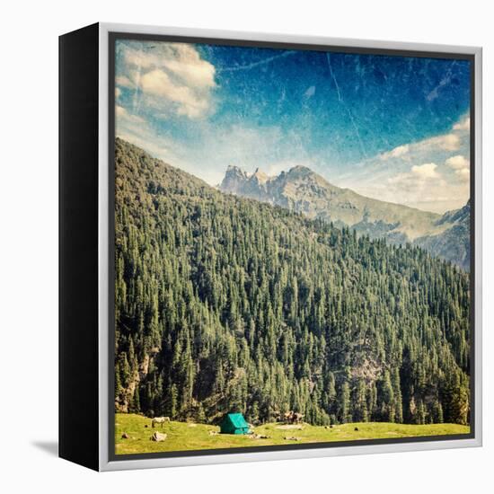 Vintage Retro Hipster Style Travel Image of Camp Tent in Himalayas Mountains with Overlaid Grunge T-f9photos-Framed Premier Image Canvas