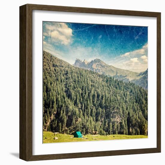 Vintage Retro Hipster Style Travel Image of Camp Tent in Himalayas Mountains with Overlaid Grunge T-f9photos-Framed Photographic Print