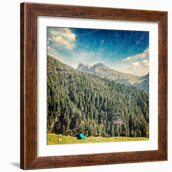 Vintage Retro Hipster Style Travel Image of Camp Tent in Himalayas Mountains with Overlaid Grunge T-f9photos-Framed Photographic Print