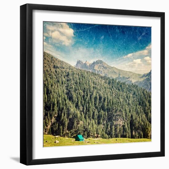 Vintage Retro Hipster Style Travel Image of Camp Tent in Himalayas Mountains with Overlaid Grunge T-f9photos-Framed Photographic Print