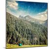 Vintage Retro Hipster Style Travel Image of Camp Tent in Himalayas Mountains with Overlaid Grunge T-f9photos-Mounted Photographic Print