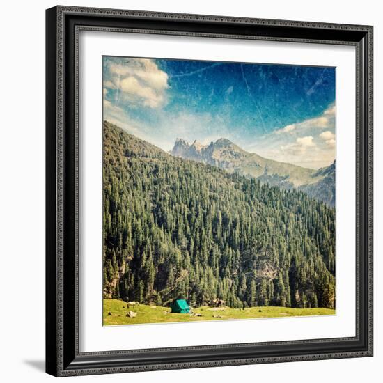 Vintage Retro Hipster Style Travel Image of Camp Tent in Himalayas Mountains with Overlaid Grunge T-f9photos-Framed Photographic Print