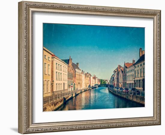 Vintage Retro Hipster Style Travel Image of Canal and Medieval Houses. Bruges (Brugge), Belgium Wit-f9photos-Framed Photographic Print