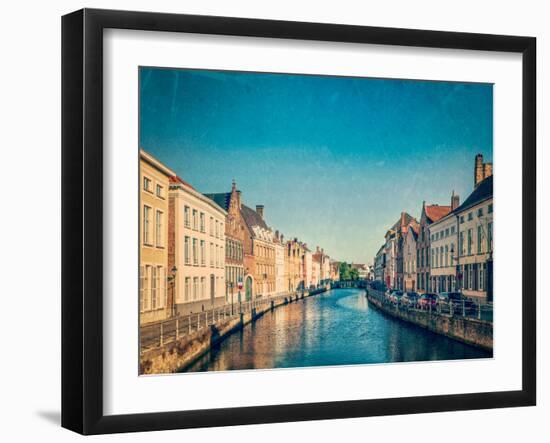 Vintage Retro Hipster Style Travel Image of Canal and Medieval Houses. Bruges (Brugge), Belgium Wit-f9photos-Framed Photographic Print