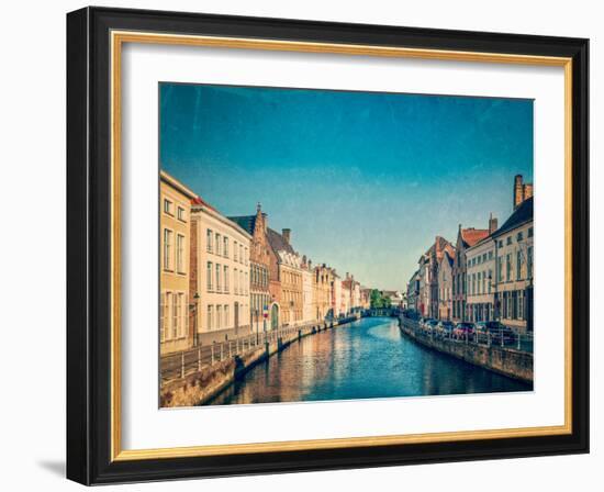 Vintage Retro Hipster Style Travel Image of Canal and Medieval Houses. Bruges (Brugge), Belgium Wit-f9photos-Framed Photographic Print