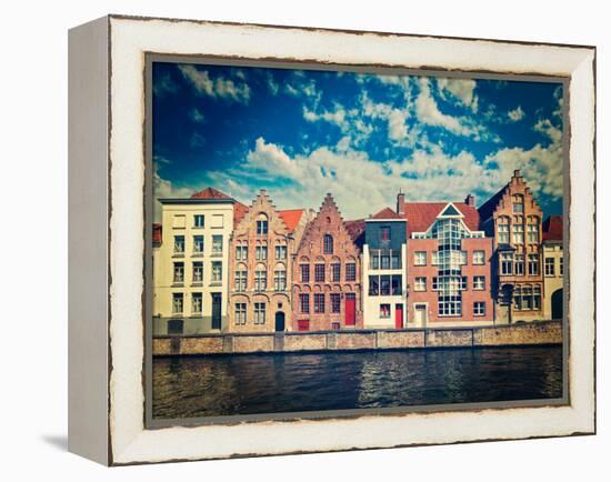 Vintage Retro Hipster Style Travel Image of Canal and Medieval Houses. Bruges (Brugge), Belgium-f9photos-Framed Premier Image Canvas