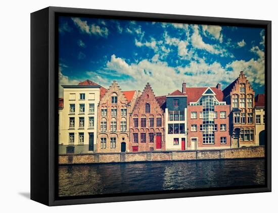 Vintage Retro Hipster Style Travel Image of Canal and Medieval Houses. Bruges (Brugge), Belgium-f9photos-Framed Premier Image Canvas