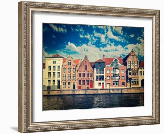 Vintage Retro Hipster Style Travel Image of Canal and Medieval Houses. Bruges (Brugge), Belgium-f9photos-Framed Photographic Print