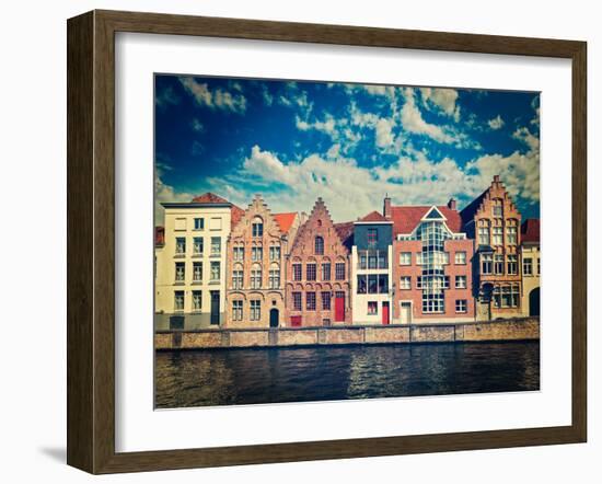 Vintage Retro Hipster Style Travel Image of Canal and Medieval Houses. Bruges (Brugge), Belgium-f9photos-Framed Photographic Print