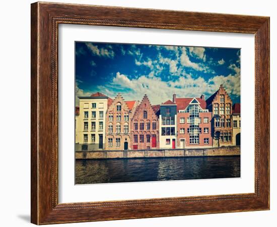 Vintage Retro Hipster Style Travel Image of Canal and Medieval Houses. Bruges (Brugge), Belgium-f9photos-Framed Photographic Print