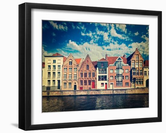 Vintage Retro Hipster Style Travel Image of Canal and Medieval Houses. Bruges (Brugge), Belgium-f9photos-Framed Photographic Print