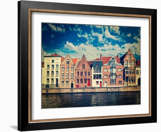 Vintage Retro Hipster Style Travel Image of Canal and Medieval Houses. Bruges (Brugge), Belgium-f9photos-Framed Photographic Print