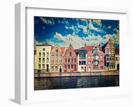 Vintage Retro Hipster Style Travel Image of Canal and Medieval Houses. Bruges (Brugge), Belgium-f9photos-Framed Photographic Print