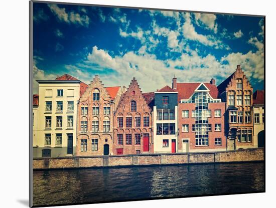Vintage Retro Hipster Style Travel Image of Canal and Medieval Houses. Bruges (Brugge), Belgium-f9photos-Mounted Photographic Print