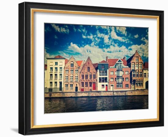 Vintage Retro Hipster Style Travel Image of Canal and Medieval Houses. Bruges (Brugge), Belgium-f9photos-Framed Photographic Print