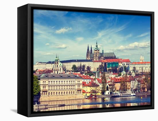 Vintage Retro Hipster Style Travel Image of Charles Bridge over Vltava River and Gradchany (Prague-f9photos-Framed Premier Image Canvas