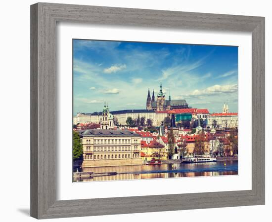 Vintage Retro Hipster Style Travel Image of Charles Bridge over Vltava River and Gradchany (Prague-f9photos-Framed Photographic Print