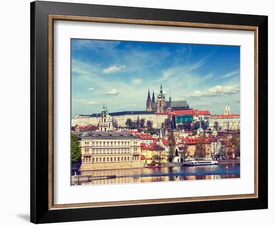 Vintage Retro Hipster Style Travel Image of Charles Bridge over Vltava River and Gradchany (Prague-f9photos-Framed Photographic Print