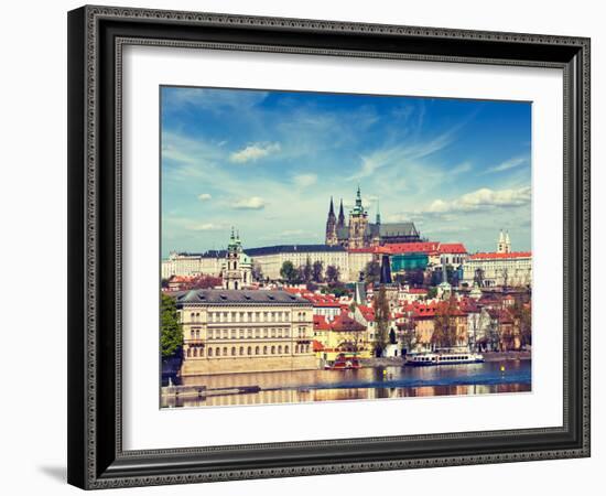 Vintage Retro Hipster Style Travel Image of Charles Bridge over Vltava River and Gradchany (Prague-f9photos-Framed Photographic Print