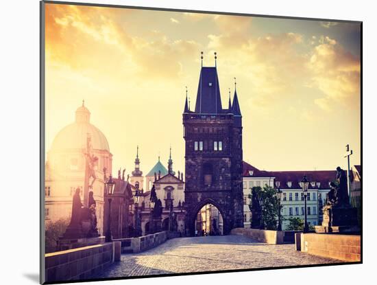 Vintage Retro Hipster Style Travel Image of Charles Bridge Tower in Prague on Sunrise, Czech Republ-f9photos-Mounted Photographic Print