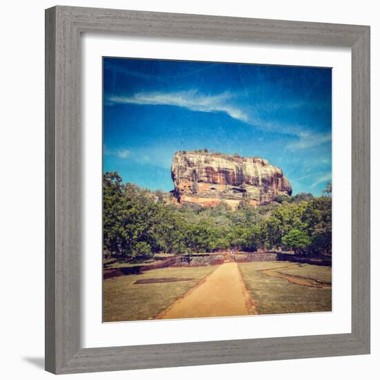 Vintage Retro Hipster Style Travel Image of Famous Ancient Sigiriya Rock with Grunge Texture Overla-f9photos-Framed Photographic Print