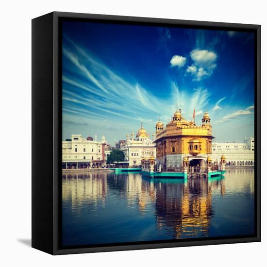 Vintage Retro Hipster Style Travel Image of Famous India Attraction Sikh Gurdwara Golden Temple (Ha-f9photos-Framed Premier Image Canvas