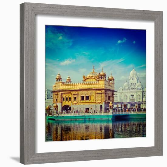 Vintage Retro Hipster Style Travel Image of Famous India Attraction Sikh Gurdwara Golden Temple (Ha-f9photos-Framed Photographic Print
