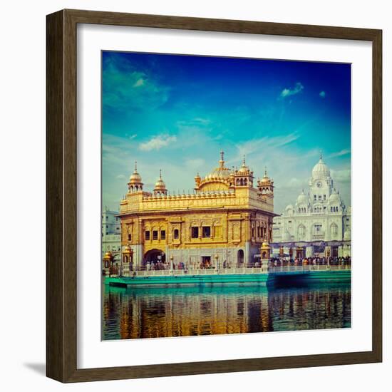 Vintage Retro Hipster Style Travel Image of Famous India Attraction Sikh Gurdwara Golden Temple (Ha-f9photos-Framed Photographic Print