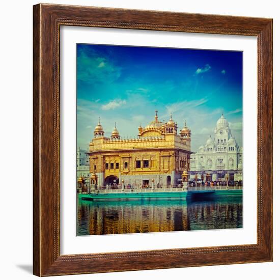 Vintage Retro Hipster Style Travel Image of Famous India Attraction Sikh Gurdwara Golden Temple (Ha-f9photos-Framed Photographic Print