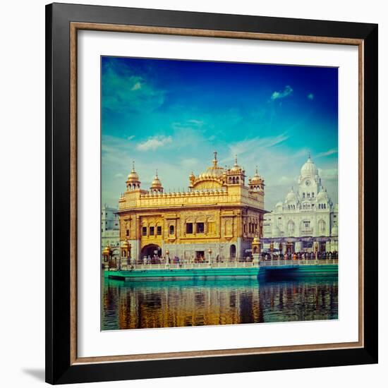 Vintage Retro Hipster Style Travel Image of Famous India Attraction Sikh Gurdwara Golden Temple (Ha-f9photos-Framed Photographic Print