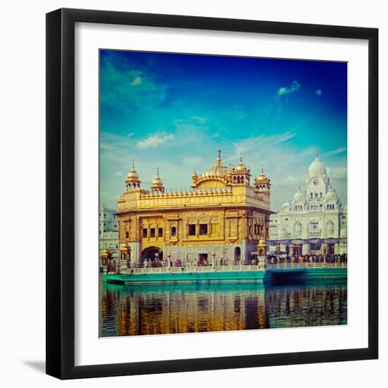 Vintage Retro Hipster Style Travel Image of Famous India Attraction Sikh Gurdwara Golden Temple (Ha-f9photos-Framed Photographic Print